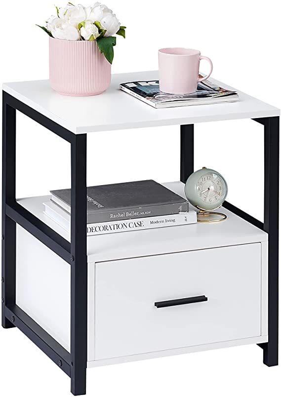 VECELO Modern Nightstand with Drawer Square End, Side Table for Bedroom, Living Room, Small Space, Night Stand with Open Shelf, Stable Metal Frame, White & Black