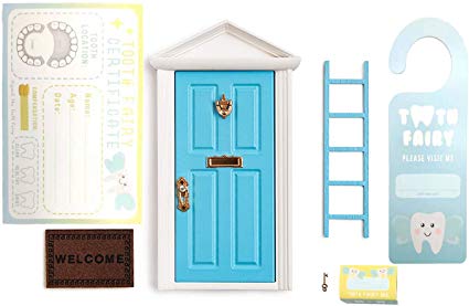 Kids Wooden Blue Miniature Tiny Boy Tooth Fairy Door with Accessories for Magic Childs Bedroom