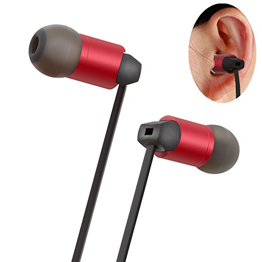 In Ear Headphone Metal Earbud with Mic and Volume Control Tangle Free Cable, 3.5mm Jack (Red)