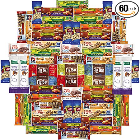 Healthy Bars & Nuts Care Package Variety Pack Bulk Sampler Includes Kashi, Fiber One, Quaker, Fig Bars, Nature Valley, Planters & More (60 Count)