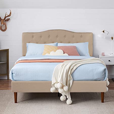 VECELO Classic Upholstered Platform Bed Diamond Stitched Cloth Panel Headboard/Mattress Foundation/Easy Assembly/Strong Slat Support Queen,Beige