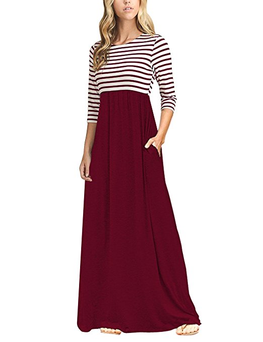 MEROKEETY Women's Striped Scoop Neck 3/4 Sleeve Casual Maxi Dress With Side Pockets