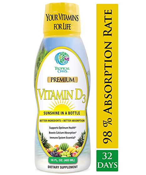 Tropical Oasis Liquid Vitamin D3 - 5000 IU per serv – Promotes strong bones & healthy muscle function. PLUS natural mood booster– Liquid D3 supplement for Maximum 96% Absorption Rate- 16 oz - 32 Serv