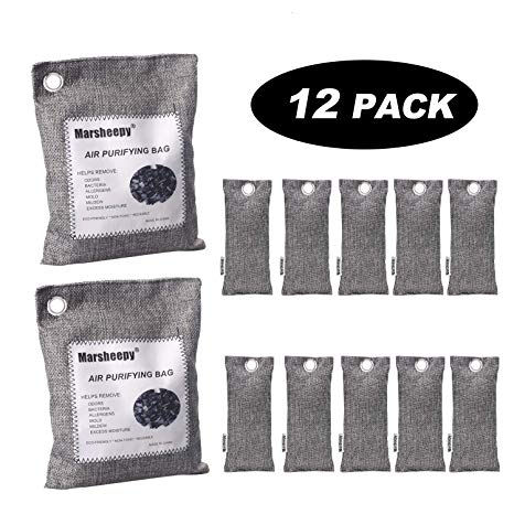 12 Pack Natural Bamboo Activated Charcoal Air Purifying Bags, Shoe Deodorizer and Odor Absorber for Closets, Wardrobe and Drawers, Car Freshener Bags (2 x 200G,10 x 75G)