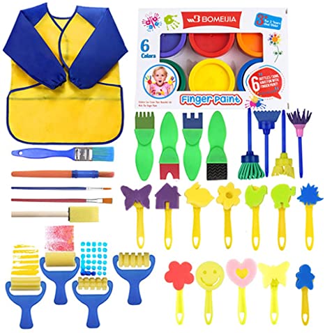 HOMKARE Kids Washable Paint Brushes Set Bundle with Washable Finger Paints (6 Colors) and Paint Sponges Brushes (31 Pieces), Assorted Painting Drawing Tools for Kids Toddlers