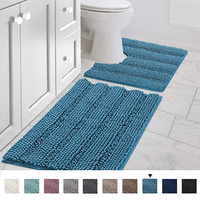 Striped Shag Chenille Bathroom Rug Toilet Sets and Shaggy Water-Absorbent Non Slip Machine Washable Soft Microfiber Bath Contour Mat (Turquoise,32" 20"/20" 20" U-Shaped)