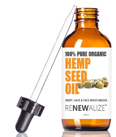 Organic HEMP SEED OIL Facial Moisturizer by Renewalize in LARGE 4 OZ. DARK GLASS BOTTLE | 100% Pure Cold Pressed and Unrefined | Great Daily Skin Moisturizer for Acne Prone Skin , Will Not Clog Pores