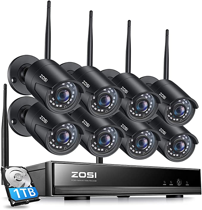 ZOSI 1080P Wireless Home Security Camera System, H.265  8CH CCTV Network Video Recorder (NVR) with Hard Drive 1TB and 8 x 1080P Auto Match WiFi IP Camera Outdoor Indoor,80ft Night Vision,Remote Access