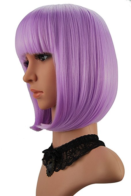eNilecor Short Hair Wig 12" Straight Flat Bangs Short Bob Hair Candy Color Cosplay Synthetic  Wigs Natural As Real Hair Wig Cap (Lavender Purple)