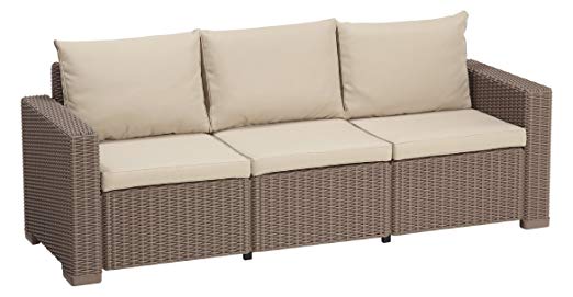 Allibert by Keter California 3 Seater Rattan Sofa Outdoor Garden Furniture - Cappuccino with Sand Cushions