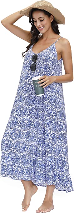 BUENOS NINOS Women's V Neck Floral Maxi Dress Boho Printed Adjustable Spaghetti Strap Ethnic Beach Long Dress with Pockets