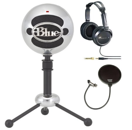 Blue Microphones Snowball USB Microphone in Brushed Aluminum with Studio Headphones and Pop Filter