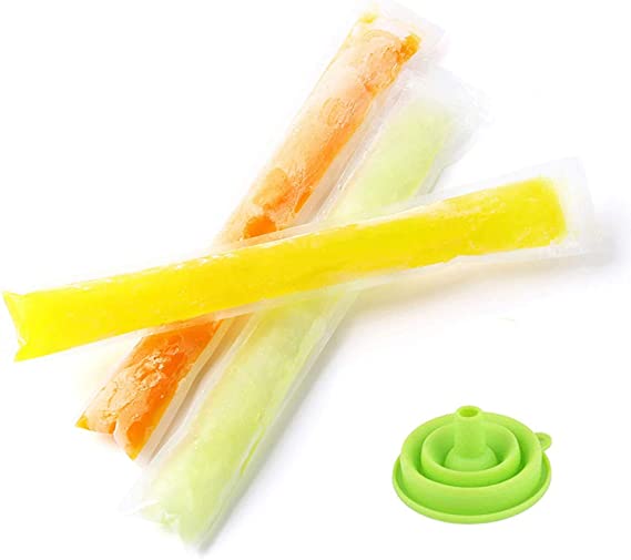 100 Pack Ice Popsicle Molds Bags, Disposable DIY Zip-Top Ice Pop Pouches for Gogurt, Ice Candy or Freeze Pops, Freezer Tubes Maker - Comes with Funnel