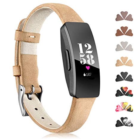 Maledan Band Compatible with Fitbit Inspire HR and Inspire Bands and Ace 2, Classic Genuine Leather Wristband with Metal Connectors Soft Replacement Accessories Strap for Women Men, Small Large