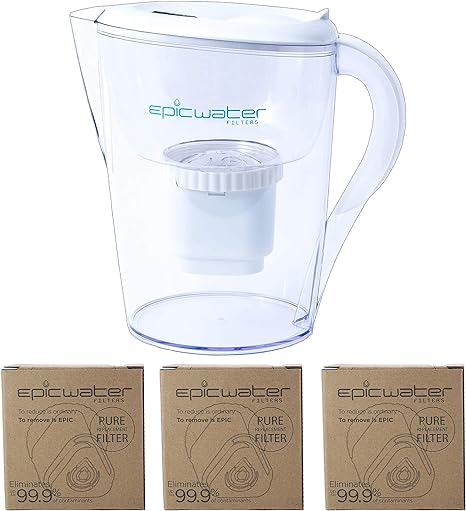 Epic Pure | Water Filter Pitchers Plus 3 Extra Filters for Drinking Water | 10 Cup | 4 x 150 Gallon Long Last Filters | Removes Fluoride, Chlorine, Lead | Water Purification | Water Filter Pitcher
