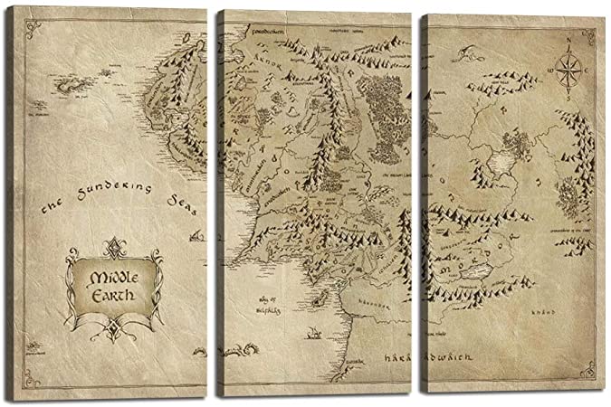 3 Piece Wall Art Lord of The Rings Canvas Painting Map of Middle Earth Picture Poster HD Print Home Decor Artwork for Living Room Bedroom Office Stretched and Framed Ready to Hang (24''H x 36''W)