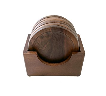 Walnut Dark Wood, 7-Piece Coaster Set, Holder Included, Matte, Non-Glossy, Protective Finish