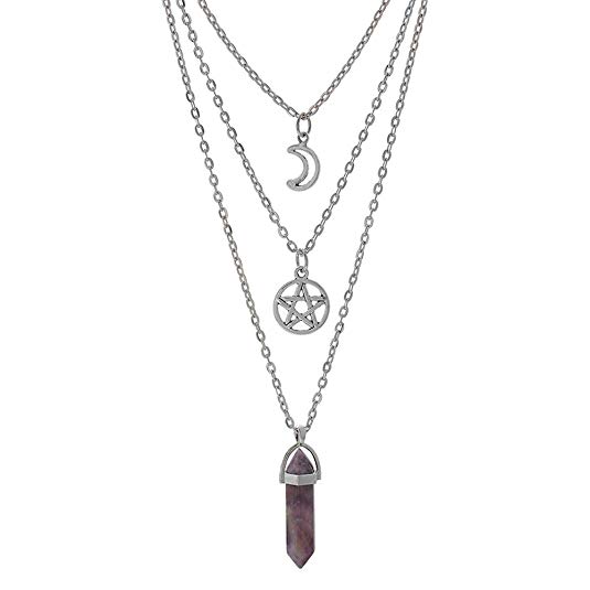 MJartoria Moon Pentagram Necklace Pentacle Chakra Charm Pendant 3 Multi Layer Alloy Chain Choker Necklace Set Gothic Jewelry