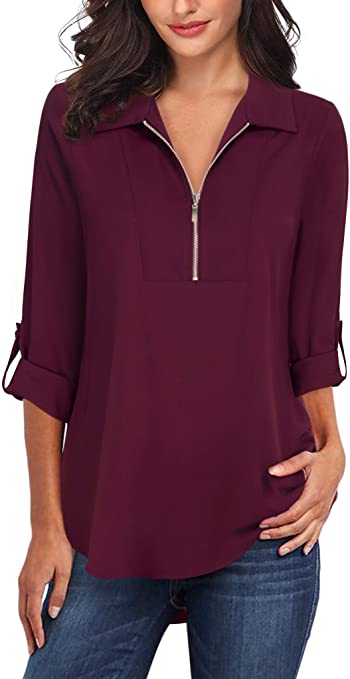 Lotusmile Women's Chiffon Work Blouses 3/4 Sleeve Lapel Zip Up Tunic Blouse Top