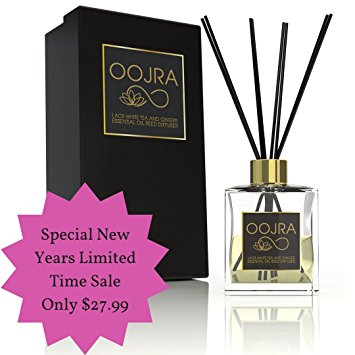 Oojra Laos White Tea and Ginger Essential Oil Reed Diffuser Gift Set, Glass Bottle, Reed Sticks, Natural Scented Long Lasting Fragrance Oil (3  Months 4 oz) for Aromatherapy and Air Freshener