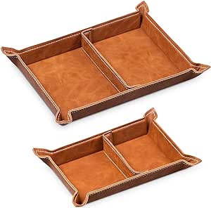 Navaris Faux Leather Tray Set - 2 Valet Organizer Trays for Bedside Table Desk with Dividers- Store Keys, Change, Wallet, Phone, Glasses - Brown