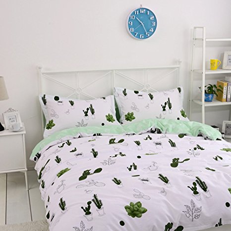 Vougemarket 3 Pieces Duvet Cover Set 100% Cotton,Green Cactus Printed Pattern Bedding Set,Ultra Soft and Easy Care, Wrinkle Resistant-Full/Queen,Oasis