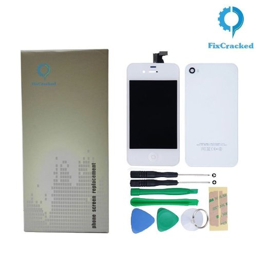 Fixcracked Replacement Full Set Front LCD Display & Touch Screen Digitizer Assembly with Home Button   Back Cover Housing   8pcs Repair Opening Tools Kit Compatible for At&t Iphone 4s GSM - White