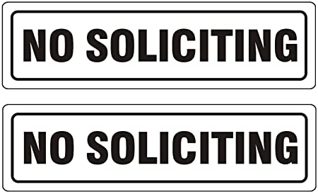 2 Pack Self Adhesive No Soliciting Door Sign for House Office, 7" x 2" Black White Color Metal Signs for Wall, Durable UV and Weather Resistant, Bright Simple Design