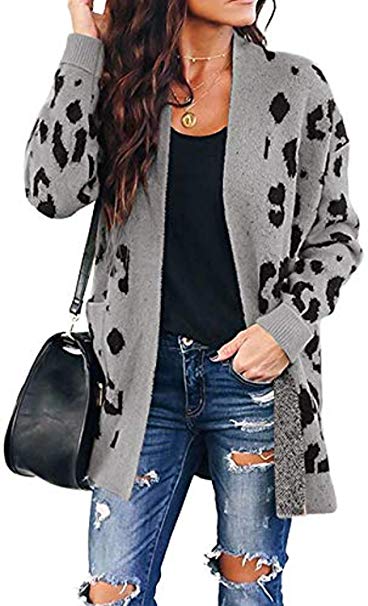 Ru Sweet Women Leopard Cardigan Long Open Front Sweaters Loose Knit Coat Draped Jumper with Pockets
