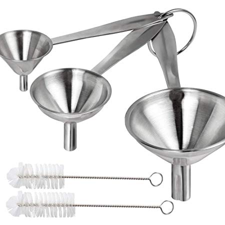 Stainless Steel Funnel 3pcs, YGDZ Mini Kitchen Funnel with Handy Handle for Transferring Essential Oils, Liquid, Fluid, Dry Ingredients & Powder, 2pcs Cleaning Brushes