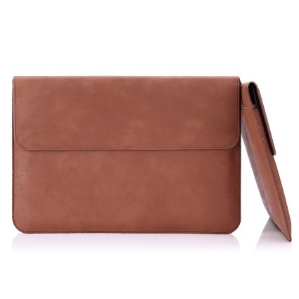 MoKo New MacBook 12-Inch Laptop Sleeve Bag, PU Leather Protective Notebook Carrying Case Cover for New MacBook with Retina Display 12-Inch 2015 & Surface 3 2015 Version, with Built-in Card Slot, BROWN