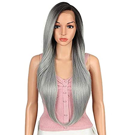 JOEDIR 28" Long Straight 13x4 Lace Free Parting Lace Frontal Wigs for Black Women Wig Black Roots Easy-360 Hight Temperature Synthetic Hair(Ombre Grey)