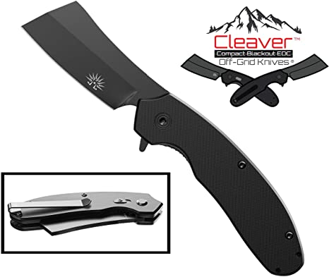 Off-Grid Knives - Cleaver Assisted EDC Knife - Satin & Blackout Editions - Compact Versions with Added Grid-Lock, Cryo AUS8 Blade, Titanium Nitride, G10 & Tip-Up Reversible Deep Pocket Clip