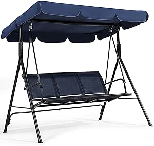 Yaheetech Outdoor Porch Swing Chair for Adults, 3-Seat Patio Sunset Hanging Swing w/Texteline Fabric & Adjustable Canopy & Armrests, Canopy Lounge Chair for Backyard/Garden/Balcony, Blue