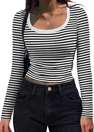 Zeagoo Women's Long Sleeve Scoop Neck Shirts Casual Slim Fit Rib Knit Tops Summer Fall Basic Business Work Tee