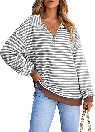 EVALESS Oversized Sweatshirt for Women 2024 Fall Outfits Fashion Long Sleeve Shirts Striped Quarter Zip Pullover Tops