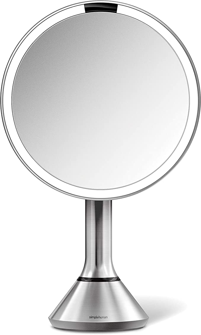 simplehuman 8" Round Sensor Makeup Mirror with Touch-Control Dual Light Settings, 5X Magnification, Rechargeable and Cordless, Brushed Stainless Steel, 8"
