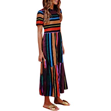 Women's Boho Hippie Shirt Dress Ladies Retro Rainbow Striped Print Loose Midi Dress