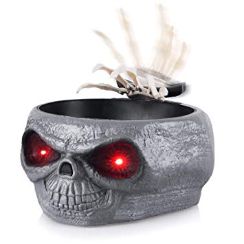 Homarden Animated Halloween Skull Bowl - Large Plastic Skull Candy Bowl with Creepy Moving Skeleton Hand - Motion Activated Halloween Grey Skull Candy Dishes with Light Up Eyes, Monster Sound Effects
