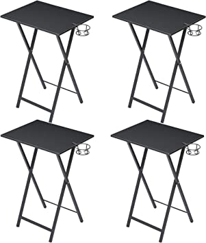 VECELO TV Tray Set of 4, Folding Snack Table with Cup Holder, Tiny Desk for Couch, Living Room, Bedroom, Black