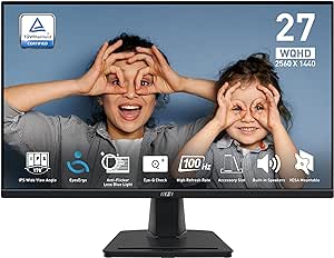 MSI PRO MP275Q 27 Inch 1ms (MRPT) WQHD Office Monitor - 2560 x 1440 IPS Panel, 100 Hz, Eye-Friendly Screen, Built-in Speakers, Tilt-Adjustable - HDMI 2.0b, DP (1.2a)