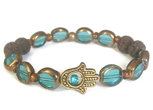 Blue Bead Gold-tone Hamsa Protecting Hand Aromatherapy Essential Oil Diffuser Bracelet