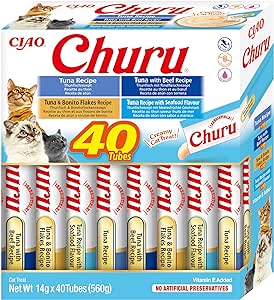 INABA Churu - Friandises pour Chats en Purée aux 4 Saveurs de Thon - Délicieux Snacks pour Félins - Texture Lisse et Onctueuse - Nourriture pour Chats - 40 Tubes x 14g