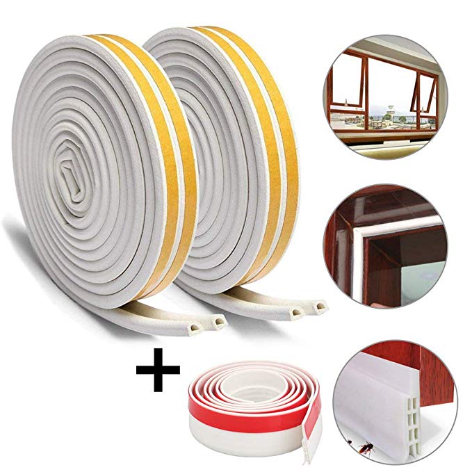 Expower Draught Excluders & Seals, Doors and Windows Seal Strip Draught Excluder Tape Weatherstrip for Water-proofing Sound-proofing 10m（2 Roll, White)