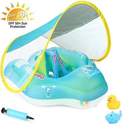 Luchild Baby Swimming Pool Float with Removable UPF 50  UV Sun Protection Canopy,Toddler Inflatable Pool Float for Age of 3-36 Months,Swimming Trainer -XL