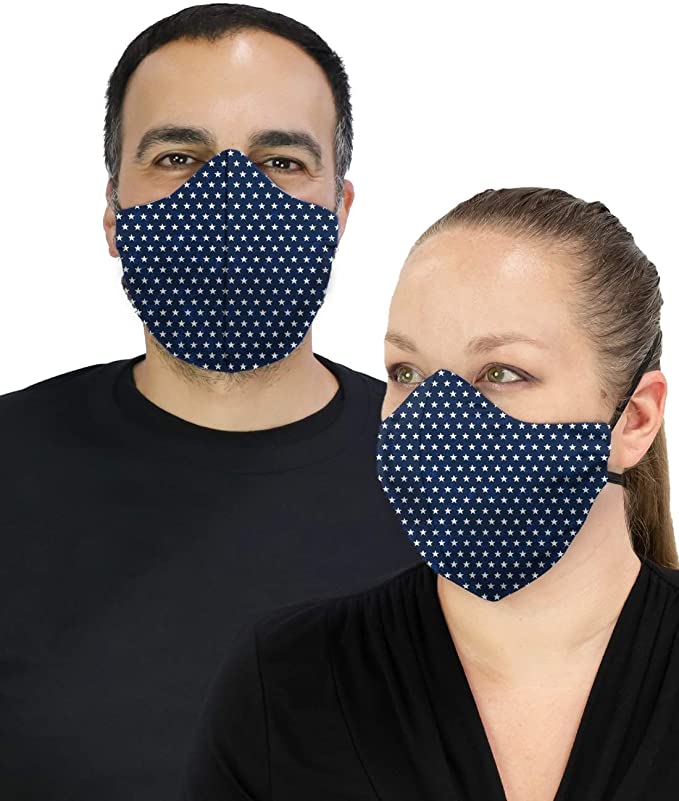 Masker-AID: USA Made 100% Cotton 3 Layer Reusable, Reversible, Breathable, Unisex Adult Face Mask (Over Head M/L, Star Spangled Blue)