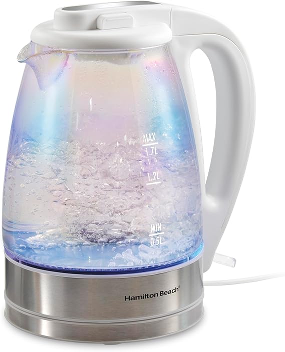 Hamilton Beach 1.7L Electric Tea Kettle, Water Boiler & Heater, Built-In Mesh Filter, Auto-Shutoff & Boil-Dry Protection, Cordless Serving, LED Indicator, Iridescent Clear Glass, White (41055)