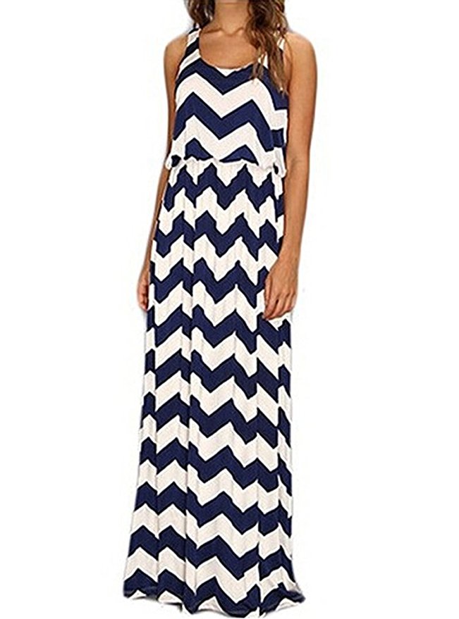 OURS Women's Fashion Sleeveless Striped Wavy Pattern Sexy Party Long Dress Gown