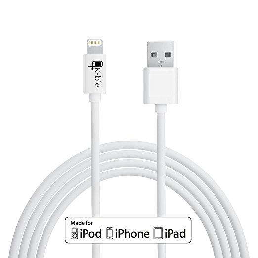 K-ble ® Primo Premium 10 Feet Extra Long Lightning to USB Charge and Sync Cable Charger Cord for Apple iPhone 6 / 6 Plus / 5 / 5C / 5S, iPads and iPods (White) [Apple MFI Certified]