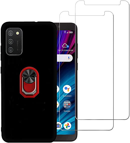 DAMONDY for Alcatel TCL A3X Case 2 Pack Screen Protector Tempered Glass, TCL A3X Case,Full Body Shock Protective Kickstand 360 Ring Holder Defender Back Phone Cover Case for TCL A3X A600DL -Red